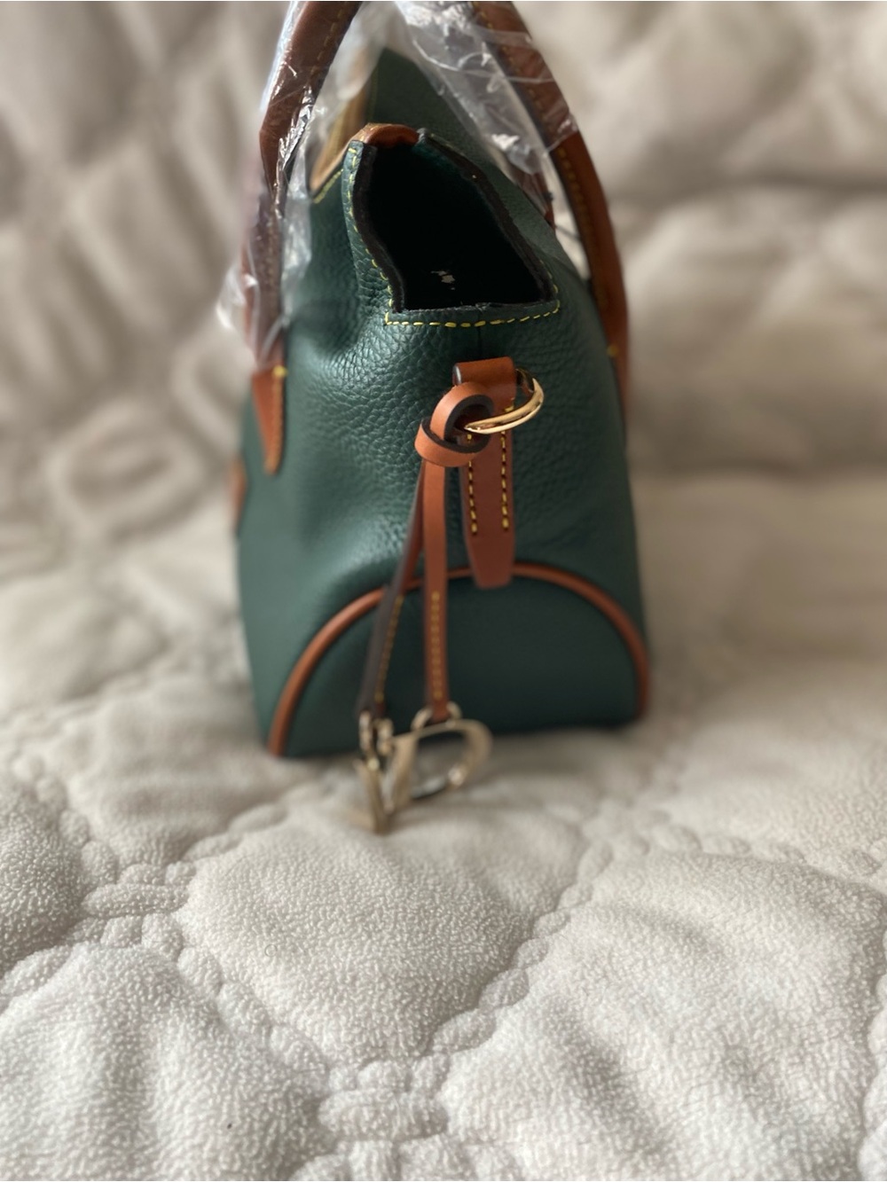 Dooney & Bourke Forest Green Pebbled Leather Satchel with Tan Trim - Picture 4 of 5
